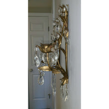 Load image into Gallery viewer, Crystal and Painted Gold Leaf Candle Sconces - 2 arm - a pair-Sconces-Antique Warehouse