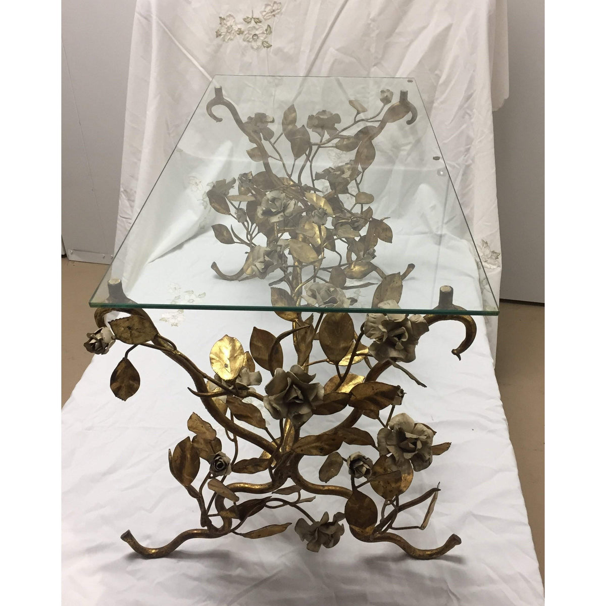 Gold Painted Metal Coffee Table with Roses, Glass Top Antique Warehouse