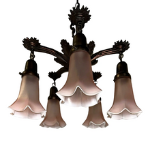 Load image into Gallery viewer, Art Deco Chandelier with Pink Tulip Flutes-Chandelier-Antique Warehouse