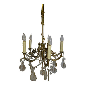 19th Century French Brass Chandelier with Amber Crystals - 6 Light