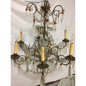 19th Century French Brass Chandelier with Amber Crystals - 6 Light-Chandelier-Antique Warehouse