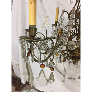 19th Century French Brass Chandelier with Amber Crystals - 6 Light-Chandelier-Antique Warehouse