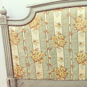 19th Century French Louis XVI Style Painted Upholstered Headboard with side rails-Bed-Antique Warehouse
