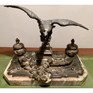 19th Century French Marble Double Inkwell with Bronze Eagle Sculpture-Decorative-Antique Warehouse