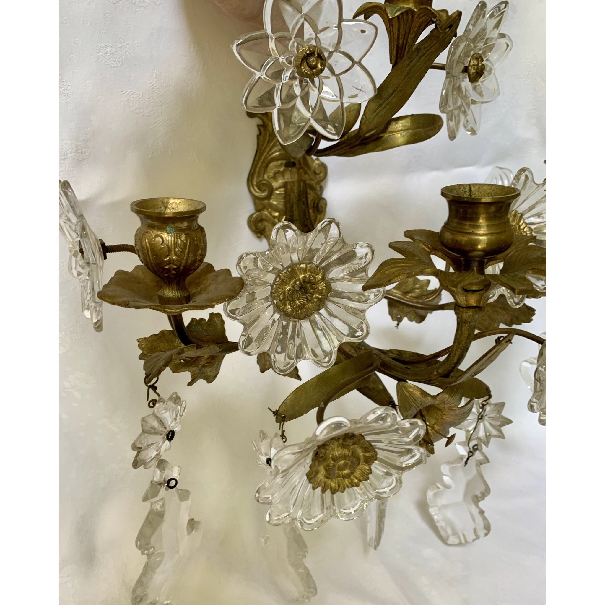 Crystal and Painted Gold Leaf Candle Sconces - 2 arm - a pair – Antique  Warehouse