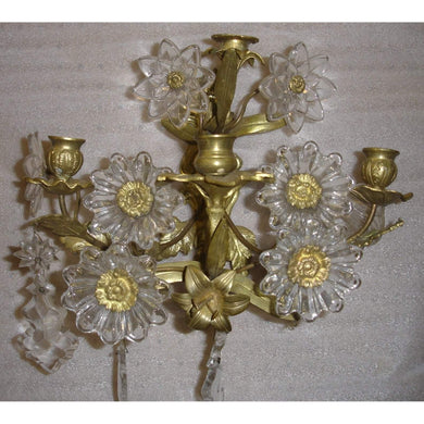 Brass and Crystal Flower Sconces - a pair-Sconces-Antique Warehouse