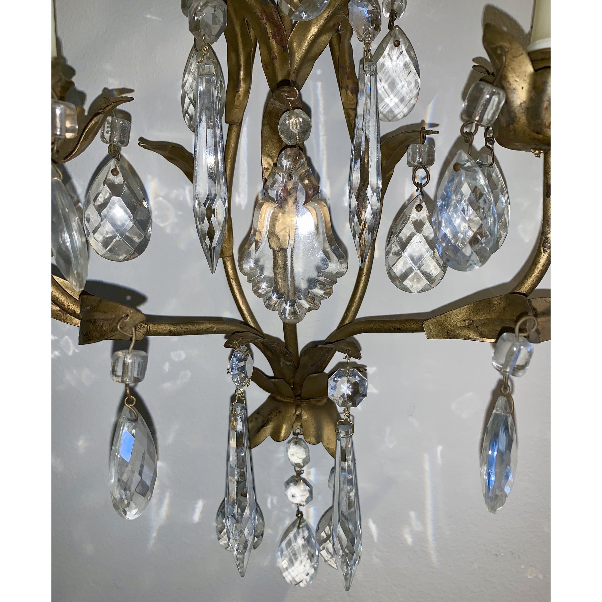 Crystal and Painted Gold Leaf Candle Sconces - 2 arm - a pair – Antique  Warehouse