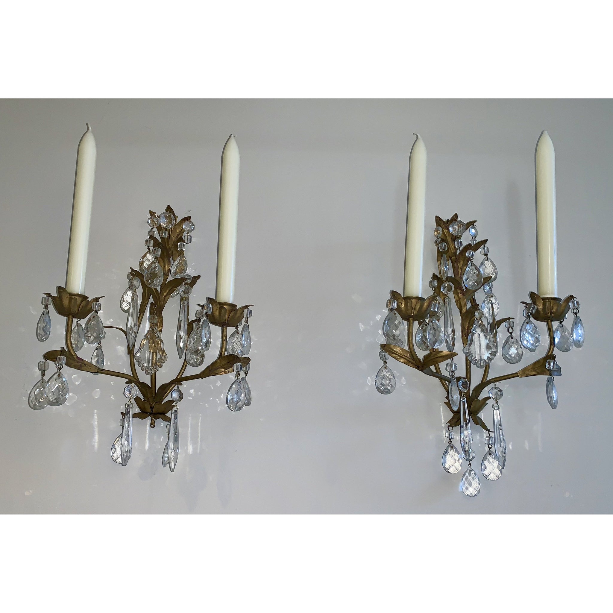 Crystal and Painted Gold Leaf Candle Sconces - 2 arm - a pair – Antique  Warehouse