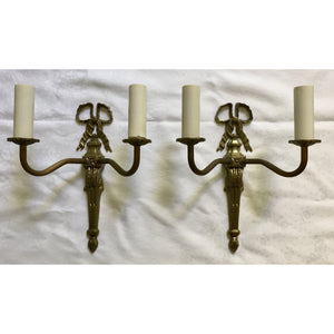 French Louis XVI Bronze Cast Two Arm Ribbon Sconces - a Pair-Sconces-Antique Warehouse