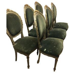 French Louis XVI Style Painted and Carved chairs with green velvet upholstery (Set of 6)-Chairs-Antique Warehouse