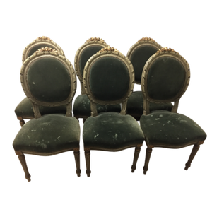 French Louis XVI Style Painted and Carved chairs with green velvet upholstery (Set of 6)-Chairs-Antique Warehouse