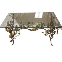 Load image into Gallery viewer, Gold Painted Metal Coffee Table with Roses, Glass Top-Coffee Table-Antique Warehouse