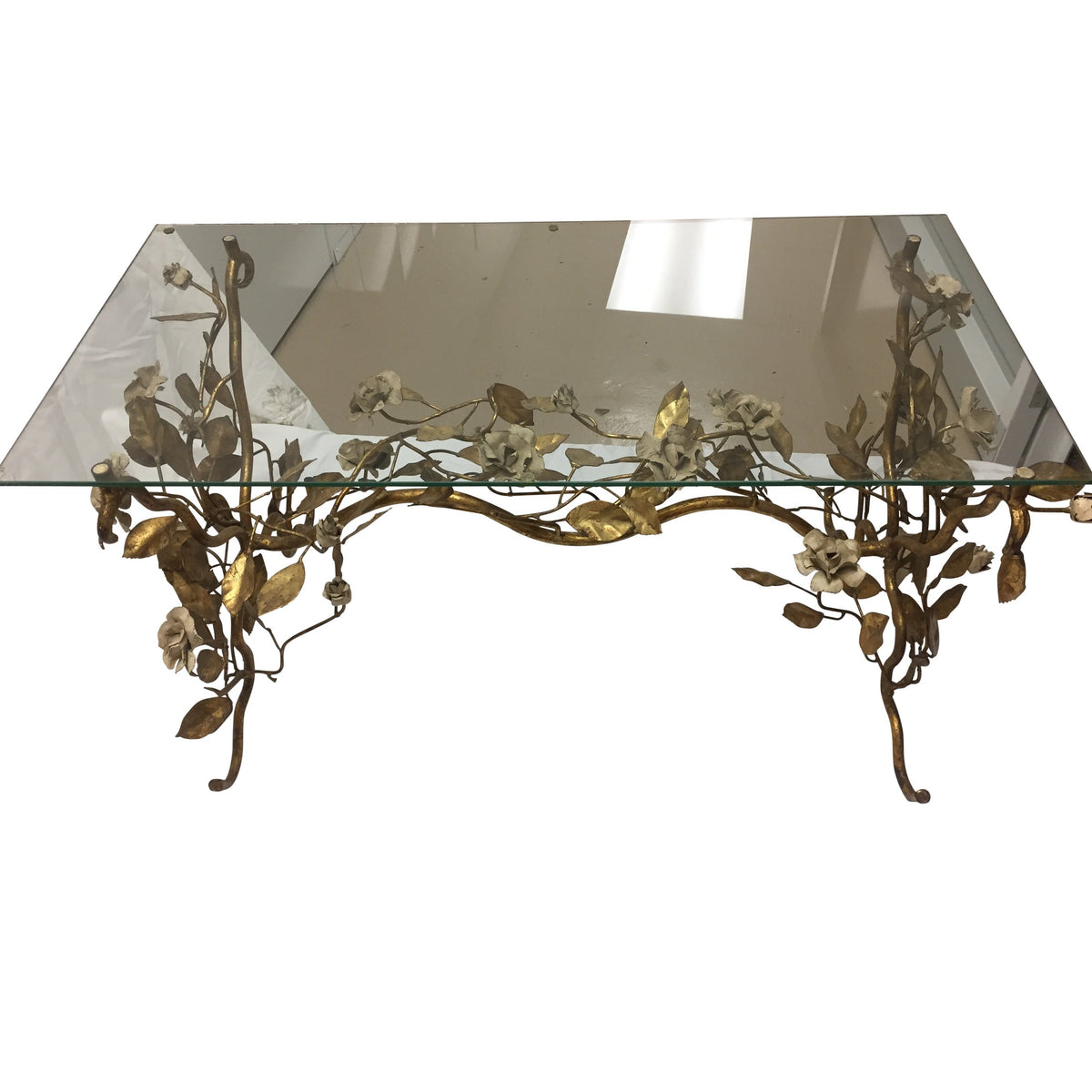 Gold Painted Metal Coffee Table with Roses, Glass Top Antique Warehouse