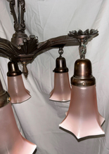 Load image into Gallery viewer, Art Deco Chandelier with Pink Tulip Flutes-Chandelier-Antique Warehouse