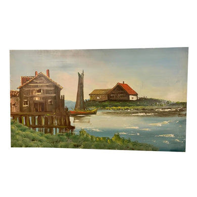 Mid 20th Century Harbor Waterfront Scene Oil Painting-Art-Antique Warehouse