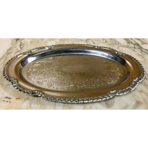 Oval Silver Tray with Scalloped Edge and Etched Design - 9.5" x 6.5"-Accessories-Antique Warehouse