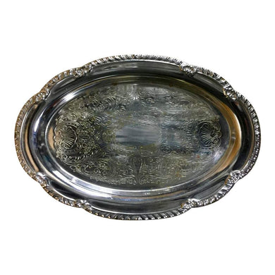 Oval Silver Tray with Scalloped Edge and Etched Design - 9.5