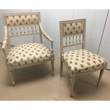 Load image into Gallery viewer, Pair of Painted French Arm Chairs with Rose pattern upholstery. Part of a set (2 end, 6 side)-Chairs-Antique Warehouse