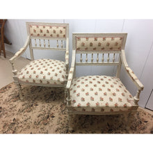 Load image into Gallery viewer, Pair of Painted French Arm Chairs with Rose pattern upholstery. Part of a set (2 end, 6 side)-Chairs-Antique Warehouse