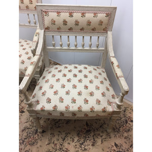 Pair of Painted French Arm Chairs with Rose pattern upholstery. Part of a set (2 end, 6 side)-Chairs-Antique Warehouse