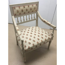 Load image into Gallery viewer, Pair of Painted French Arm Chairs with Rose pattern upholstery. Part of a set (2 end, 6 side)-Chairs-Antique Warehouse