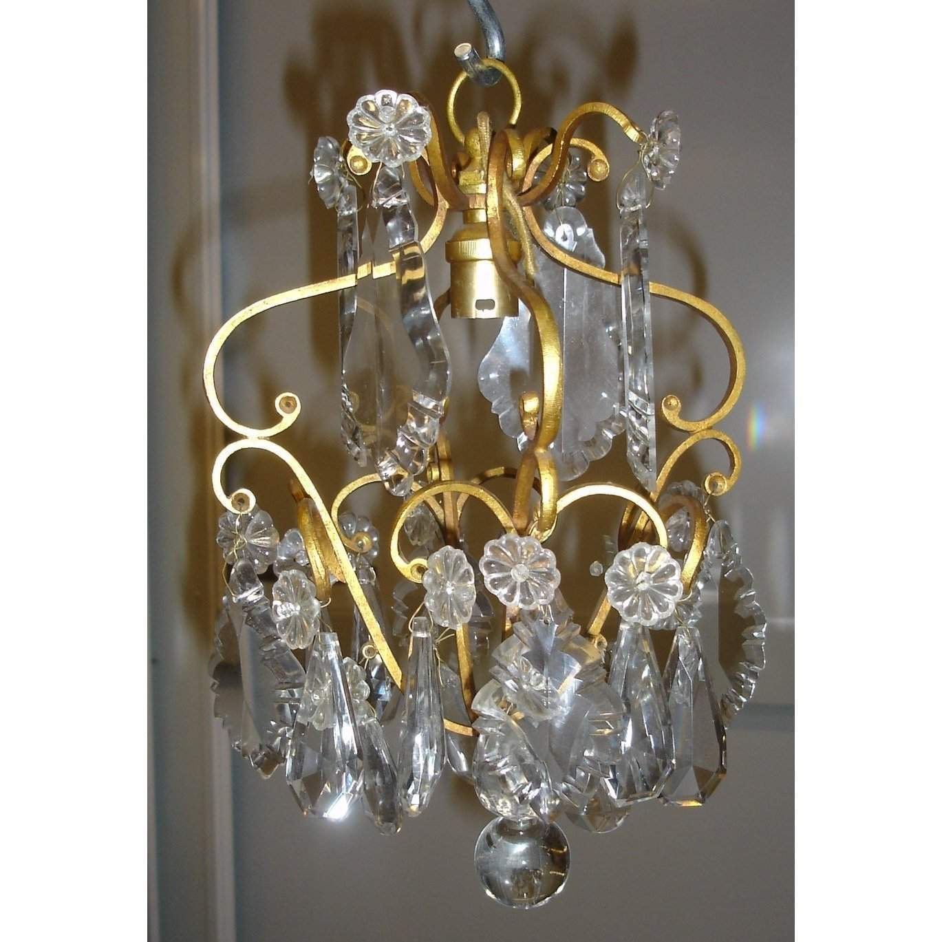 Pair of Single Light Bronze and Crystal Chandeliers – Antique 