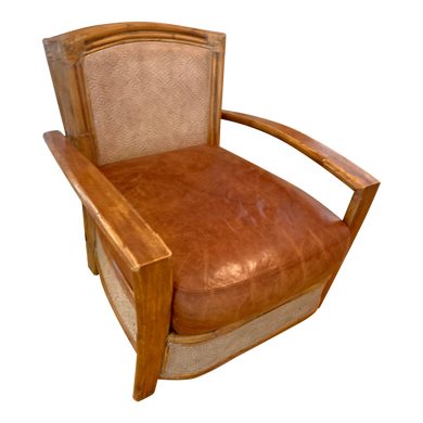 Vintage Bamboo Rattan & Leather Lounge Arm Chair-Chairs-Antique Warehouse