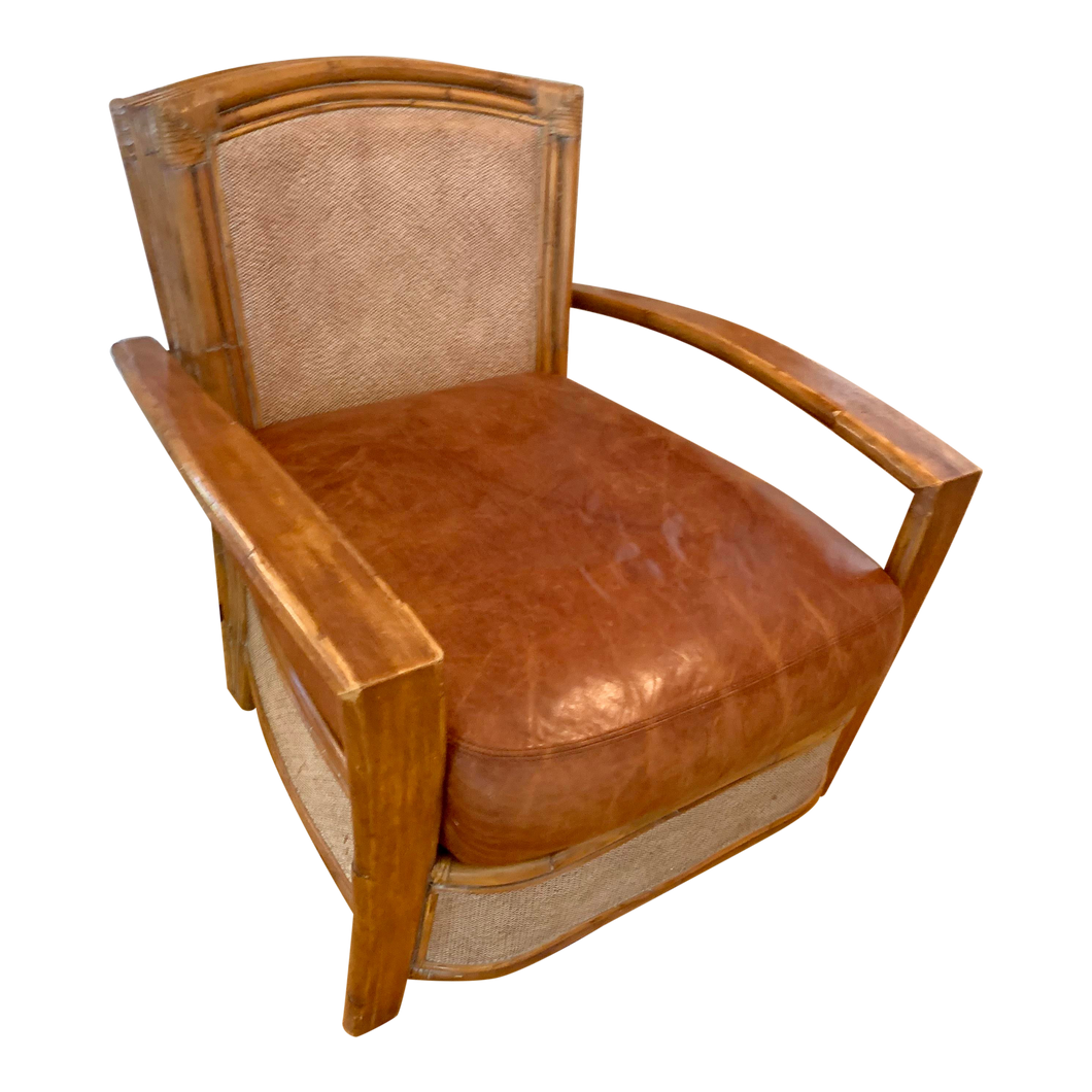 Vintage Bamboo Rattan & Leather Lounge Arm Chair-Chairs-Antique Warehouse